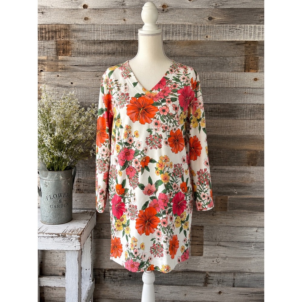 Vicki Wayne Floral Tunic Dress Small Cottagecore Boho V Neck Long Sleeve